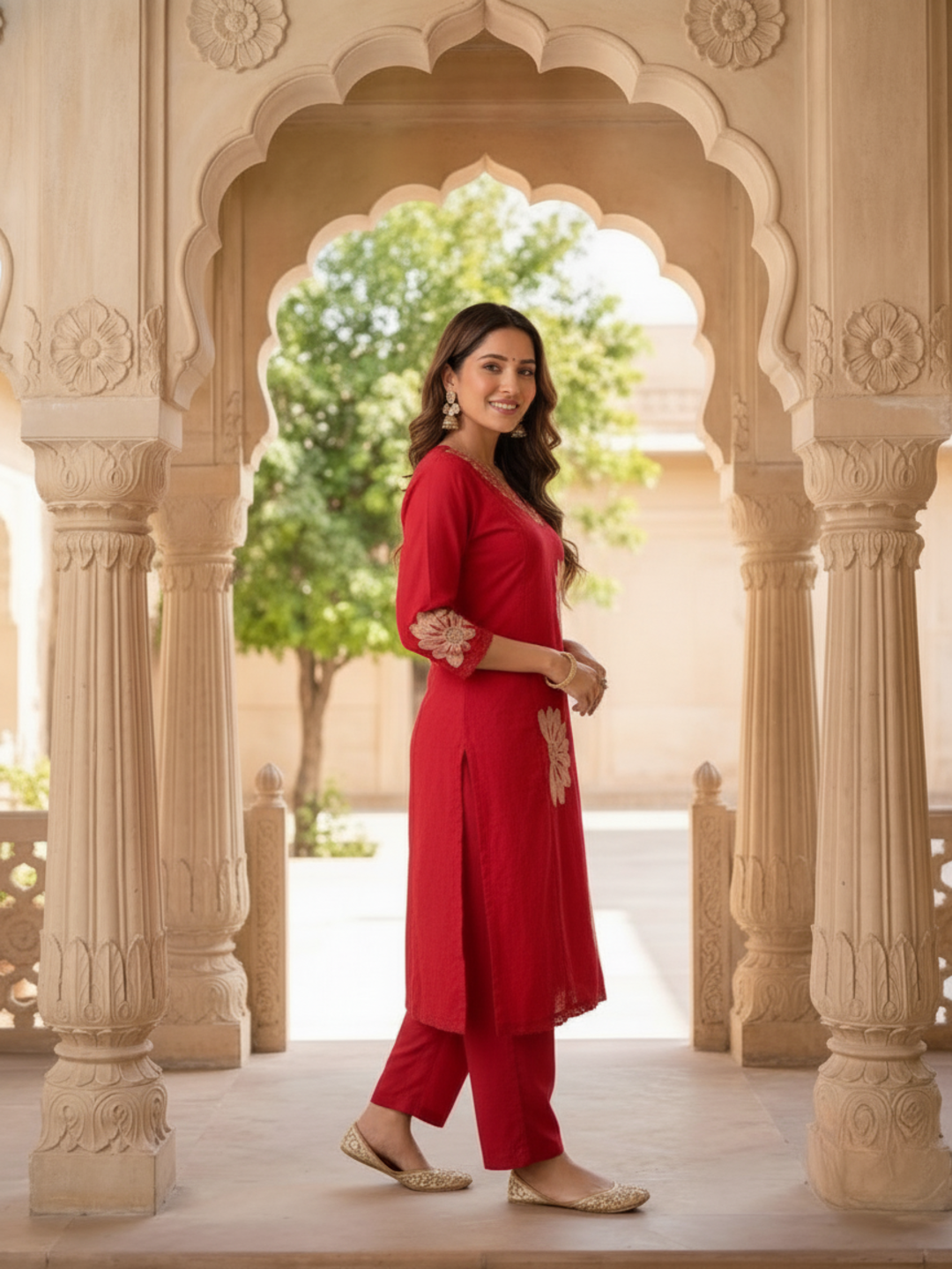 Red Solid Cotton Dobby A-Line Kurta Set with Floral Embroidery, Crochet Palazzo & Dupatta