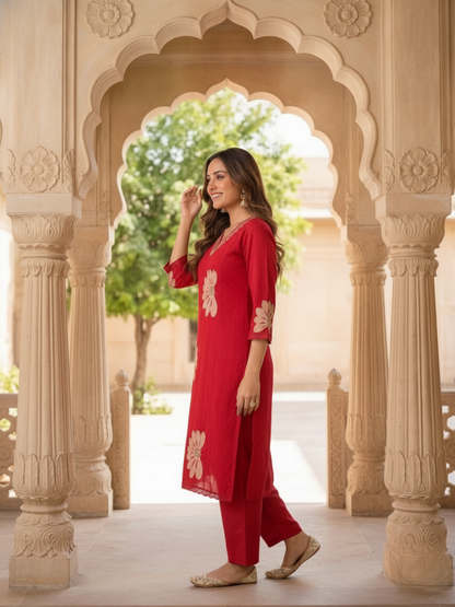 Red Solid Cotton Dobby A-Line Kurta Set with Floral Embroidery, Crochet Palazzo & Dupatta