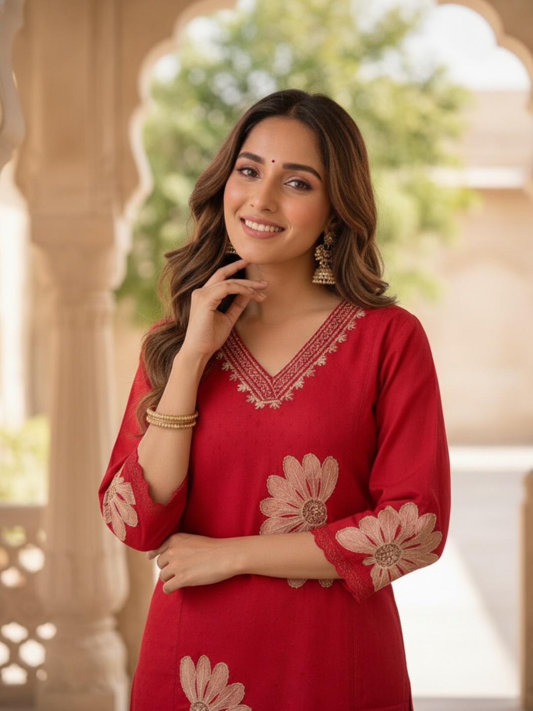 Red Solid Cotton Dobby A-Line Kurta Set with Floral Embroidery, Crochet Palazzo & Dupatta
