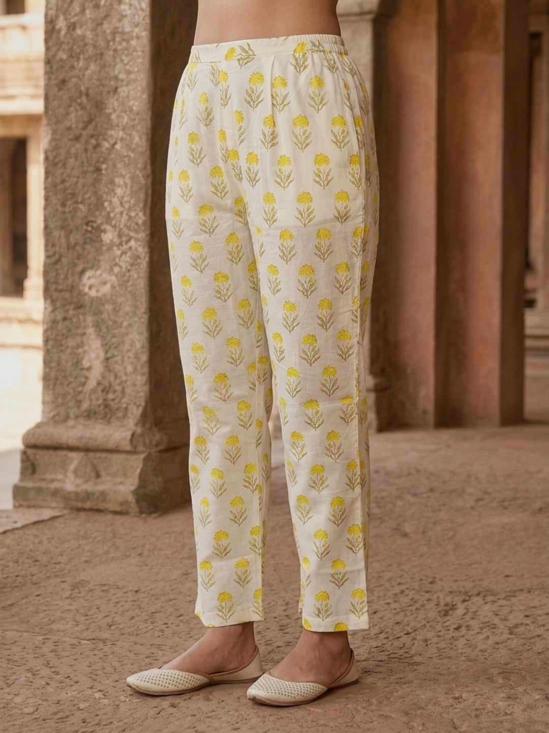 Off White Floral Print Cotton Anarkali Kurta Set with Mirror & Zari Work, Pant & Dupatta