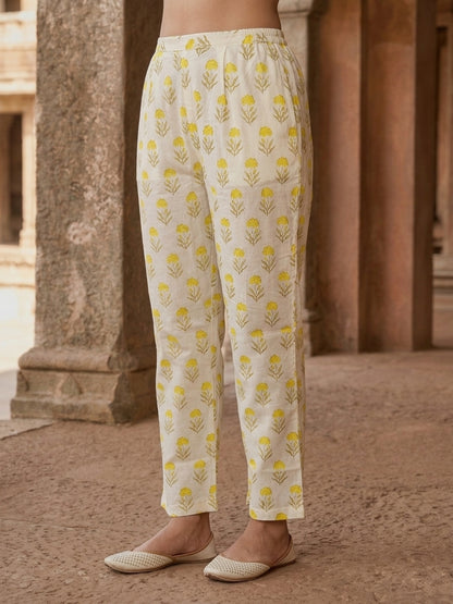 Off White Floral Print Cotton Anarkali Kurta Set with Mirror & Zari Work, Pant & Dupatta