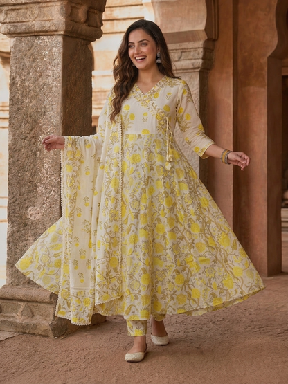 Off White Floral Print Cotton Anarkali Kurta Set with Mirror & Zari Work, Pant & Dupatta