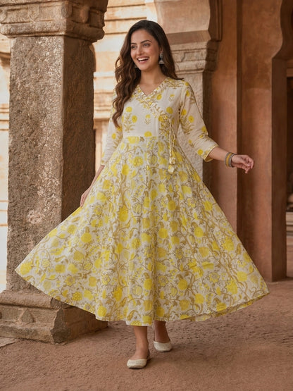 Off White Floral Print Cotton Anarkali Kurta Set with Mirror & Zari Work, Pant & Dupatta