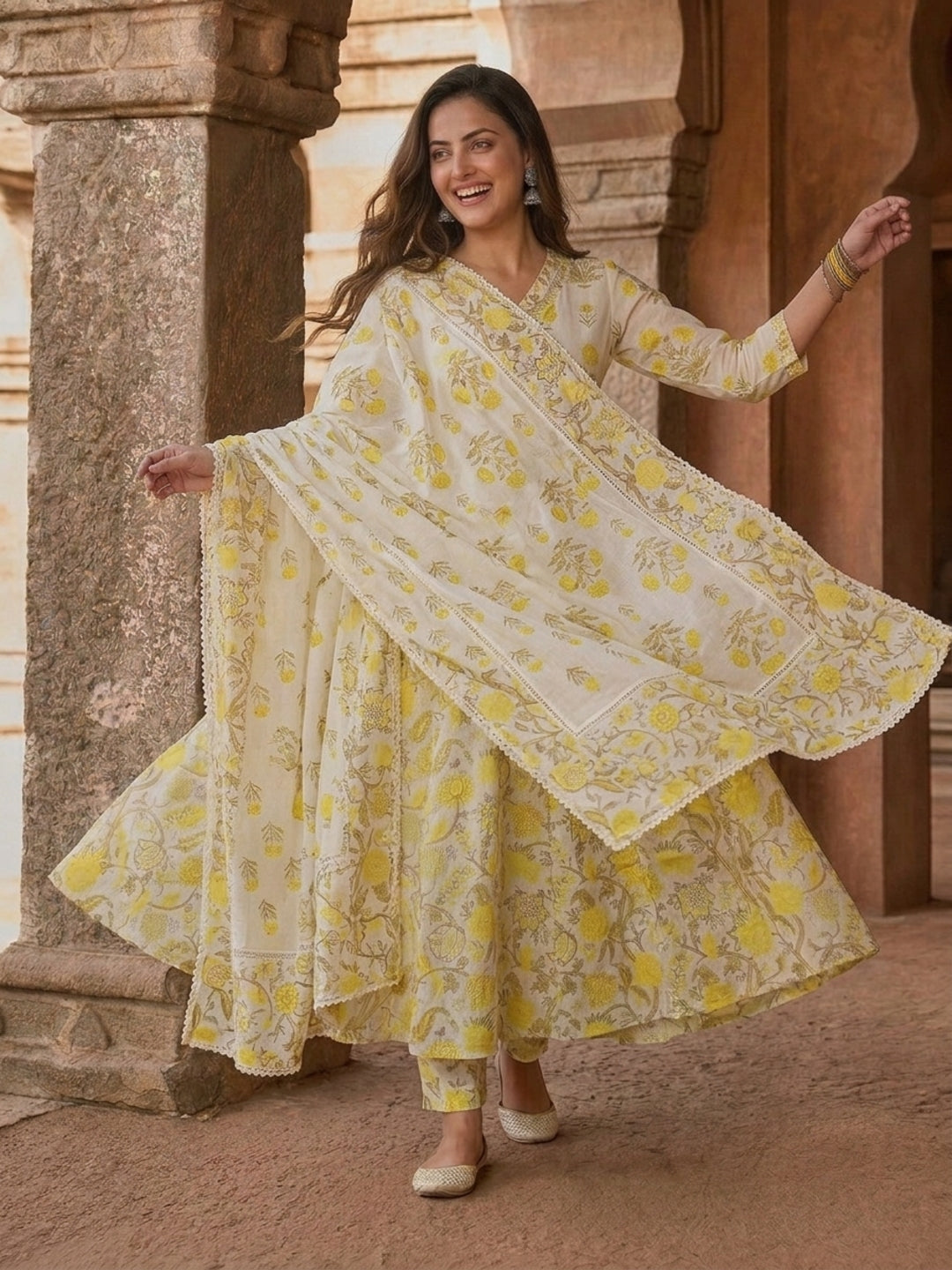 Off White Floral Print Cotton Anarkali Kurta Set with Mirror & Zari Work, Pant & Dupatta