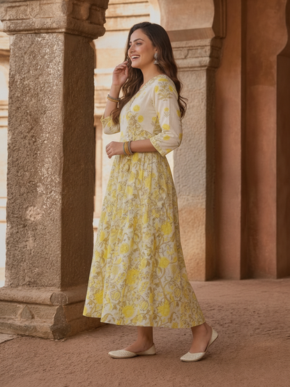 Off White Floral Print Cotton Anarkali Kurta Set with Mirror & Zari Work, Pant & Dupatta