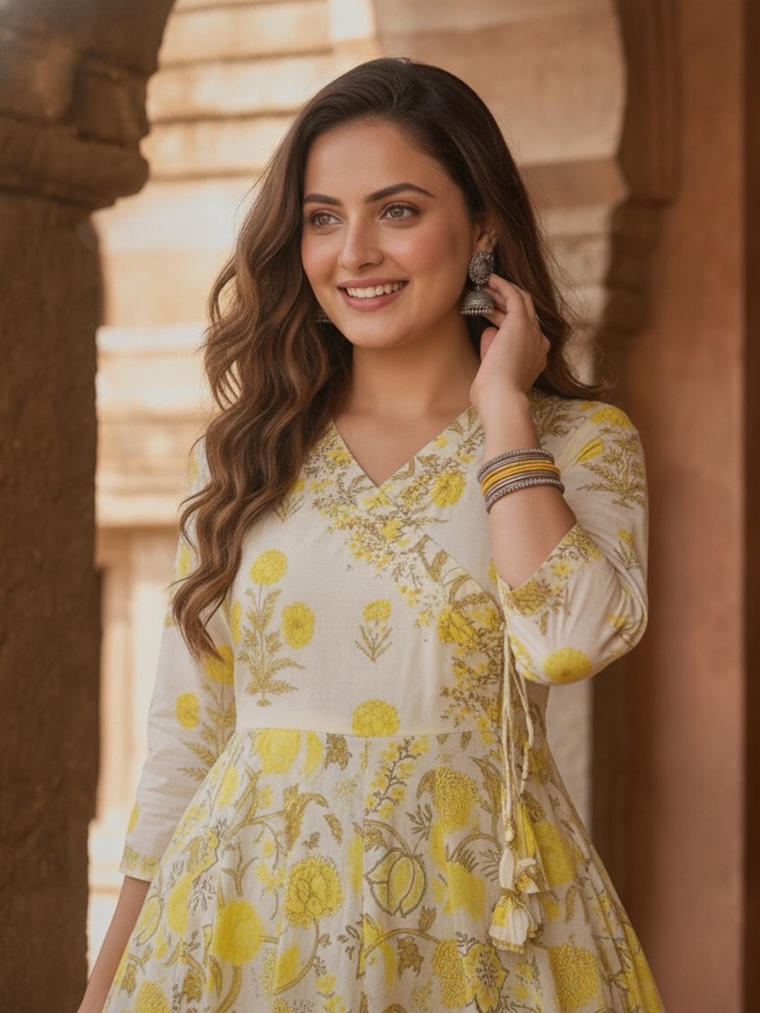 Off White Floral Print Cotton Anarkali Kurta Set with Mirror & Zari Work, Pant & Dupatta