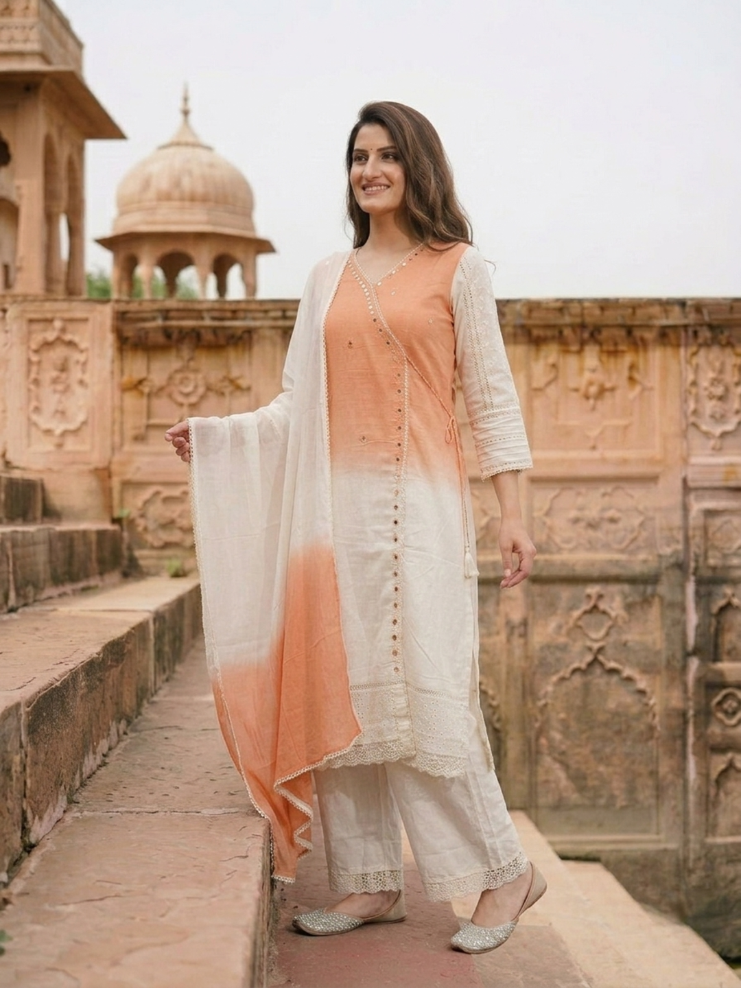Orange Ombre Dyed Cotton A-Line Kurta Set with Mirror Work, Off White Palazzo & Dupatta
