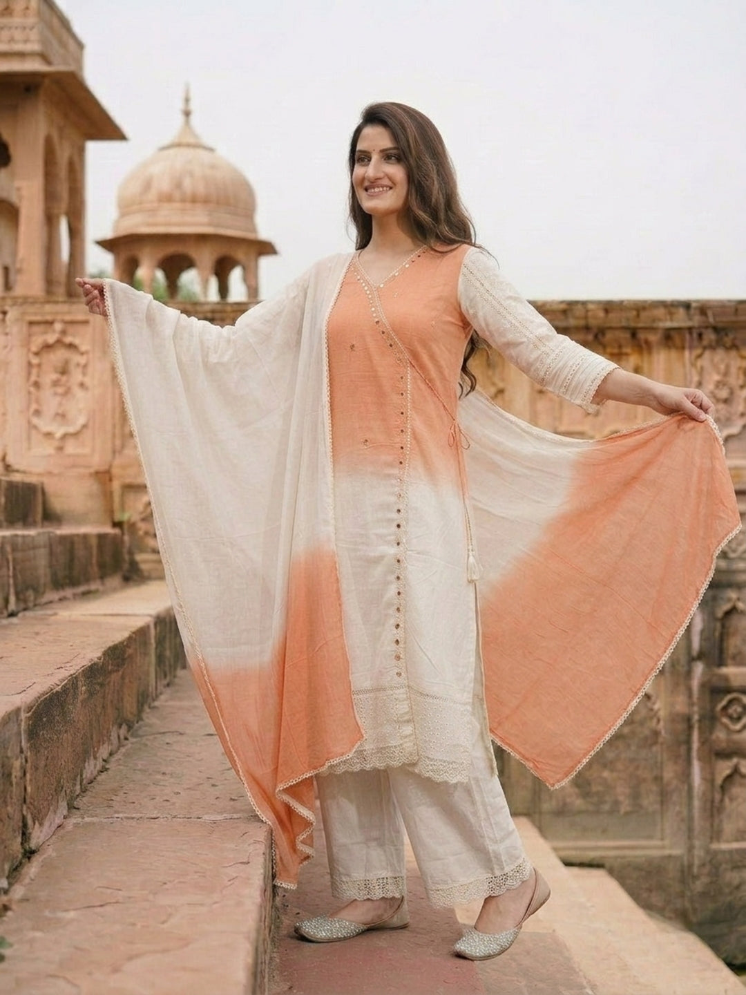 Orange Ombre Dyed Cotton A-Line Kurta Set with Mirror Work, Off White Palazzo & Dupatta