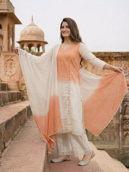 Orange Ombre Dyed Cotton A-Line Kurta Set with Mirror Work, Off White Palazzo & Dupatta