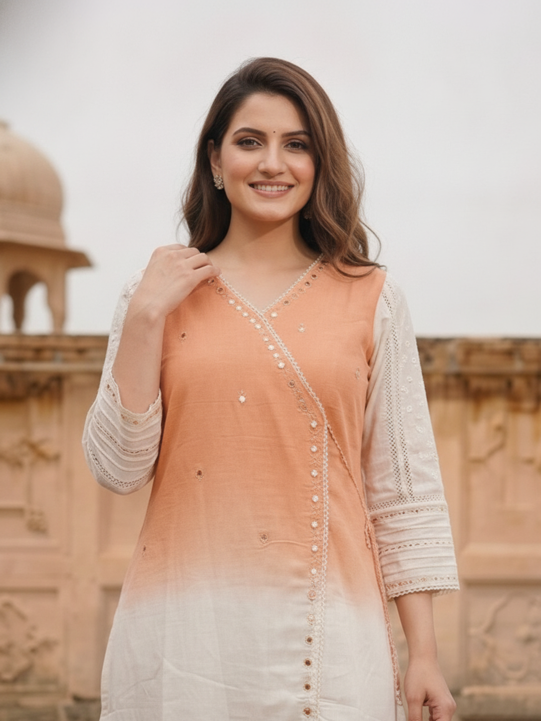 Orange Ombre Dyed Cotton A-Line Kurta Set with Mirror Work, Off White Palazzo & Dupatta