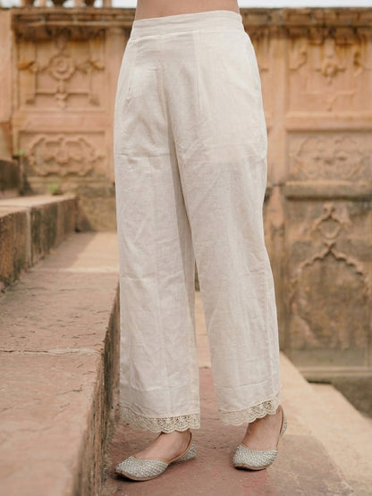 Orange Ombre Dyed Cotton A-Line Kurta Set with Mirror Work, Off White Palazzo & Dupatta