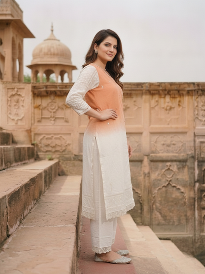 Orange Ombre Dyed Cotton A-Line Kurta Set with Mirror Work, Off White Palazzo & Dupatta