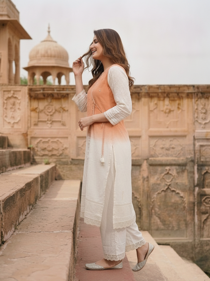 Orange Ombre Dyed Cotton A-Line Kurta Set with Mirror Work, Off White Palazzo & Dupatta