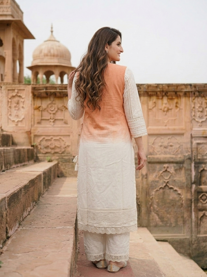 Orange Ombre Dyed Cotton A-Line Kurta Set with Mirror Work, Off White Palazzo & Dupatta