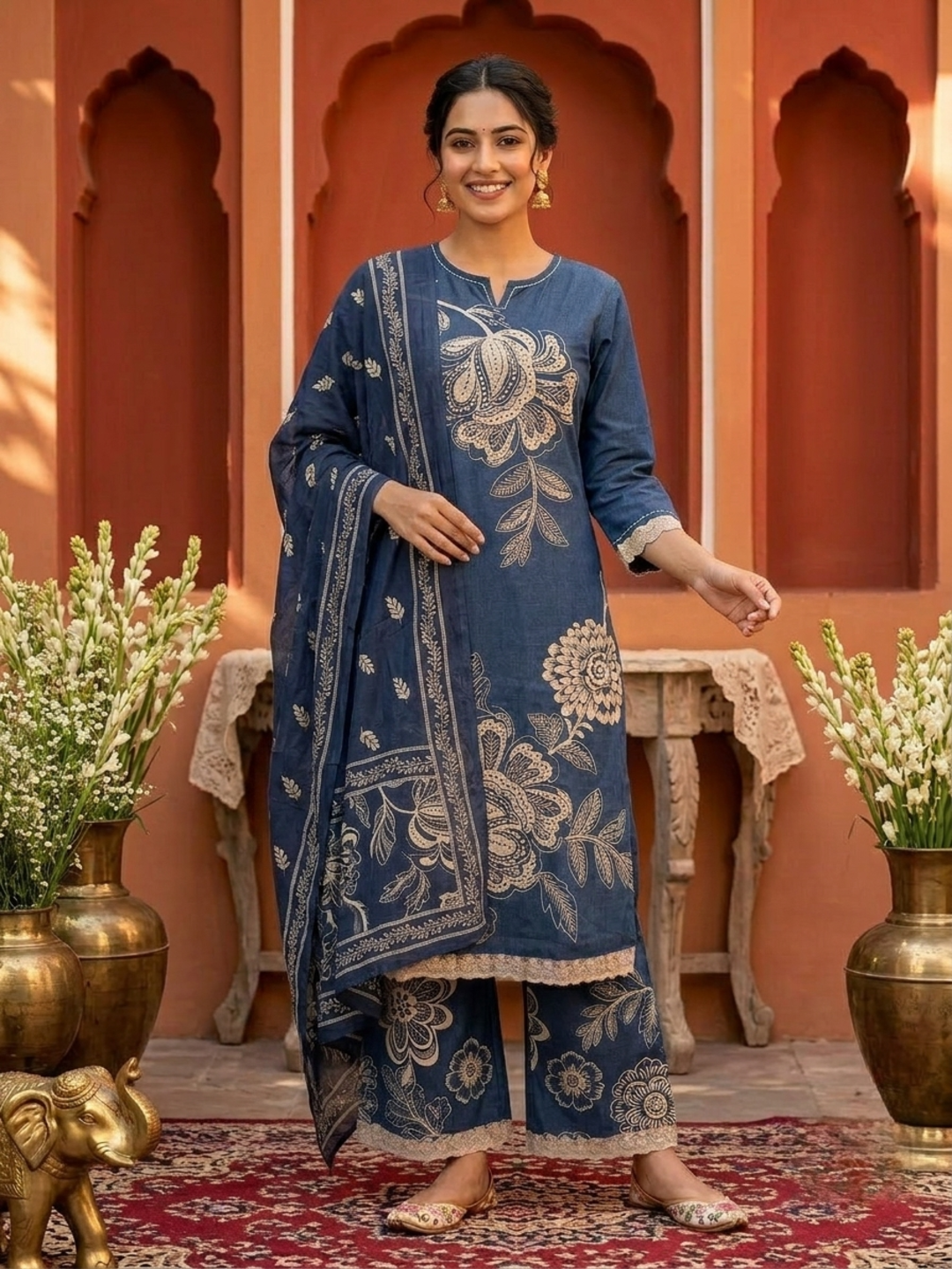 Navy Blue Solid Cotton Straight Kurta Set with Floral Embroidery, Printed Palazzo & Dupatta