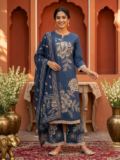 Navy Blue Solid Cotton Straight Kurta Set with Floral Embroidery, Printed Palazzo & Dupatta