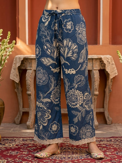Navy Blue Solid Cotton Straight Kurta Set with Floral Embroidery, Printed Palazzo & Dupatta
