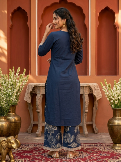 Navy Blue Solid Cotton Straight Kurta Set with Floral Embroidery, Printed Palazzo & Dupatta