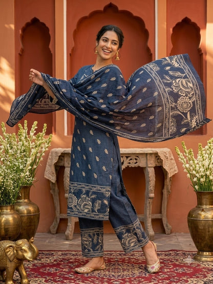 Navy Blue Solid Cotton Straight Kurta Set with Floral Embroidery, Printed Palazzo & Dupatta