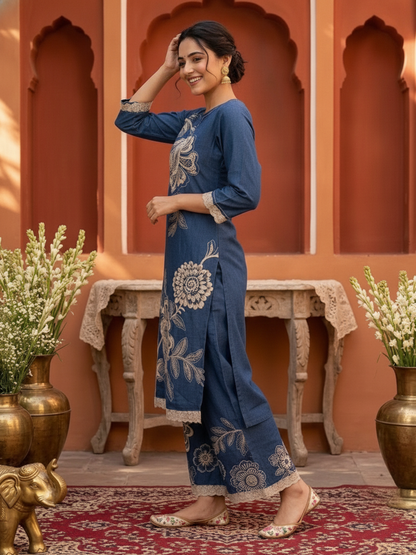 Navy Blue Solid Cotton Straight Kurta Set with Floral Embroidery, Printed Palazzo & Dupatta