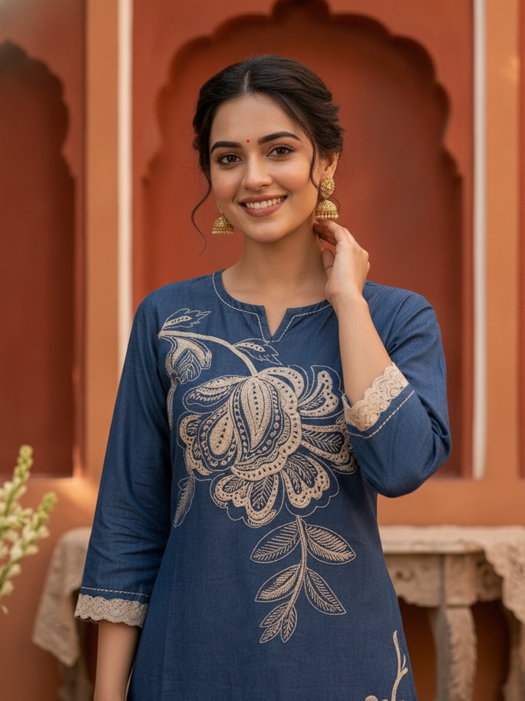 Navy Blue Solid Cotton Straight Kurta Set with Floral Embroidery, Printed Palazzo & Dupatta