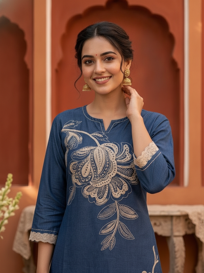 Navy Blue Solid Cotton Straight Kurta Set with Floral Embroidery, Printed Palazzo & Dupatta