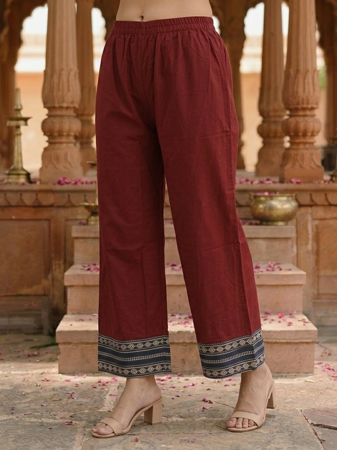 Blue Ethnic Print Cotton Straight Kurta Set with Mirror Work, Maroon Palazzo & Dupatta