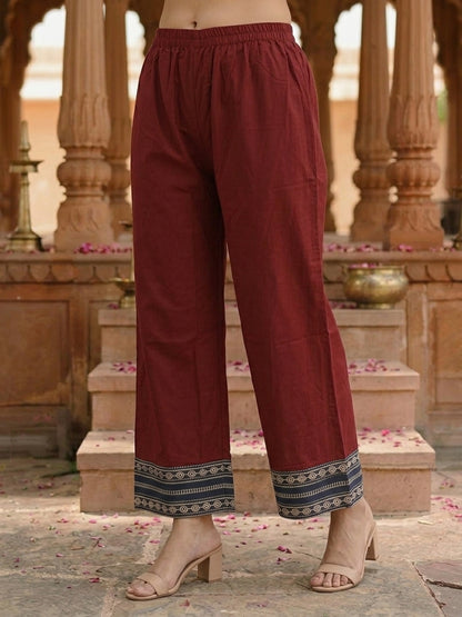 Blue Ethnic Print Cotton Straight Kurta Set with Mirror Work, Maroon Palazzo & Dupatta