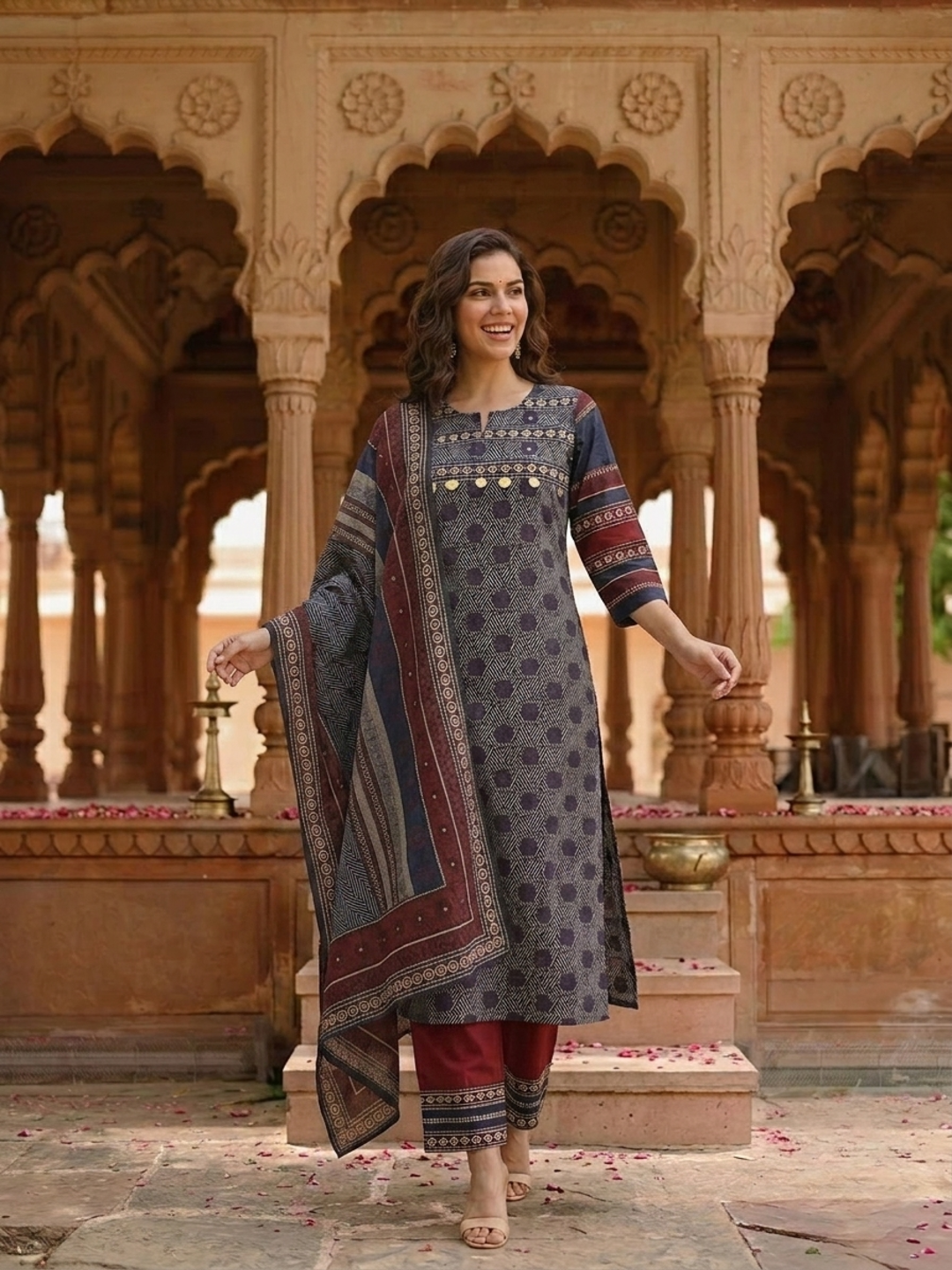 Blue Ethnic Print Cotton Straight Kurta Set with Mirror Work, Maroon Palazzo & Dupatta