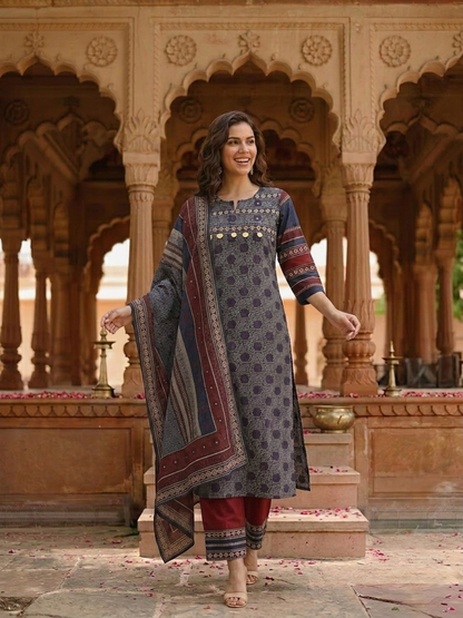 Blue Ethnic Print Cotton Straight Kurta Set with Mirror Work, Maroon Palazzo & Dupatta