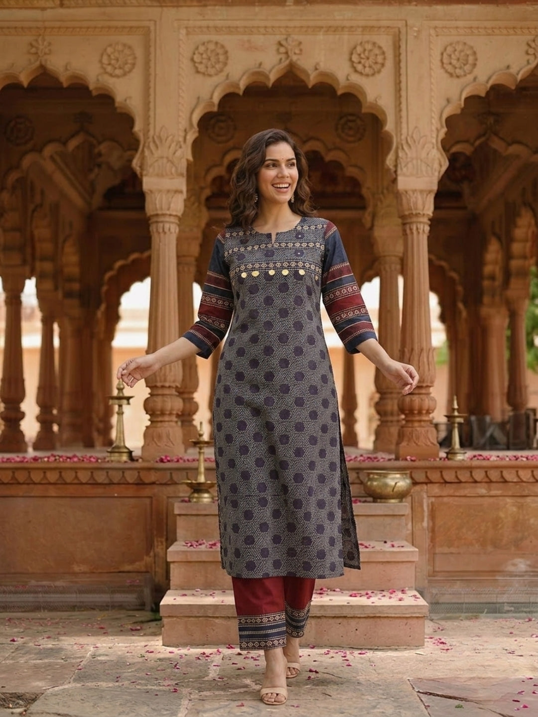 Blue Ethnic Print Cotton Straight Kurta Set with Mirror Work, Maroon Palazzo & Dupatta