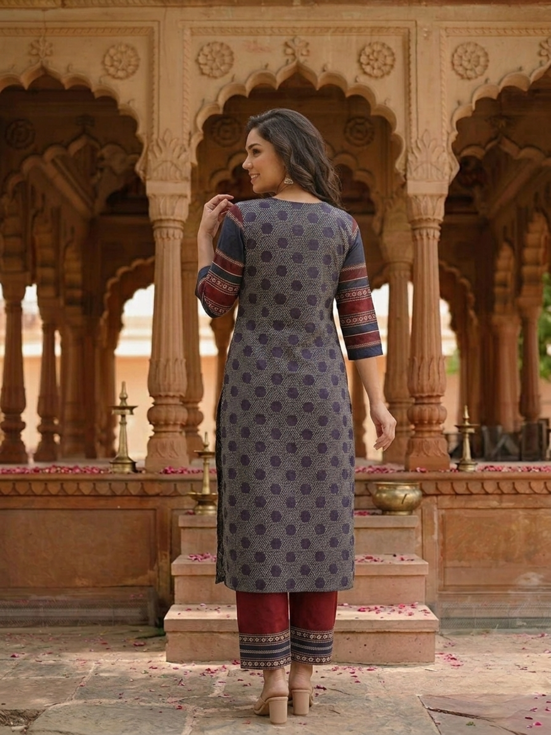 Blue Ethnic Print Cotton Straight Kurta Set with Mirror Work, Maroon Palazzo & Dupatta