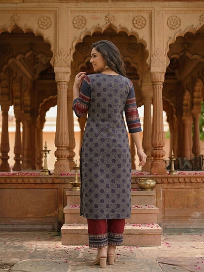 Blue Ethnic Print Cotton Straight Kurta Set with Mirror Work, Maroon Palazzo & Dupatta
