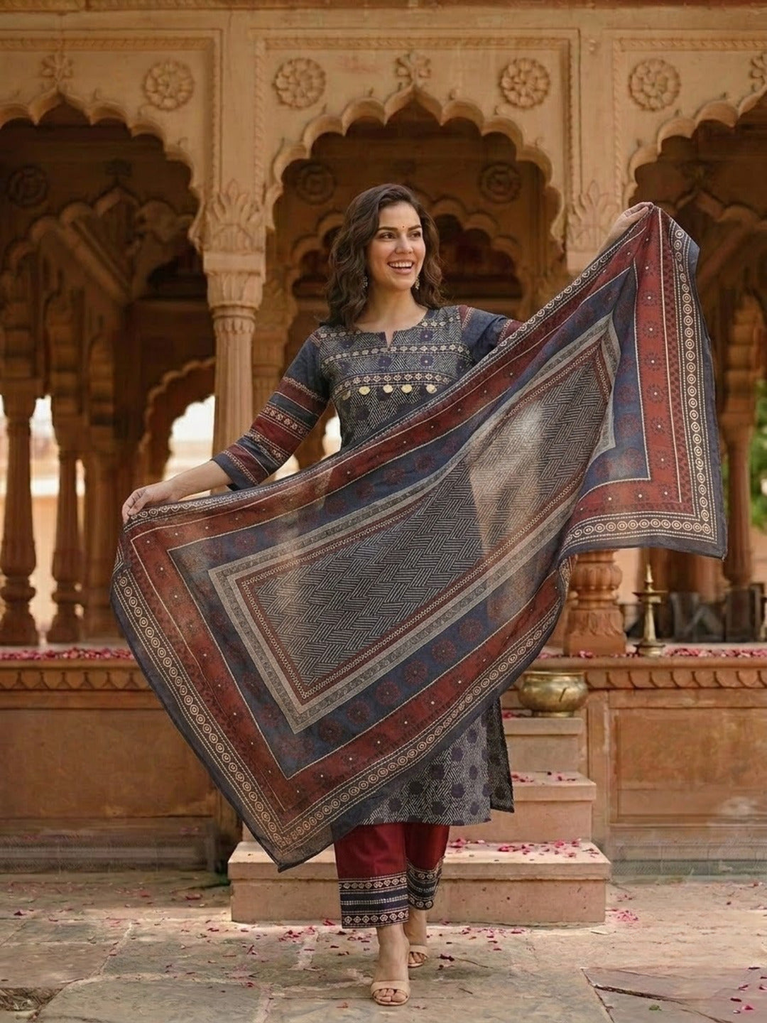 Blue Ethnic Print Cotton Straight Kurta Set with Mirror Work, Maroon Palazzo & Dupatta