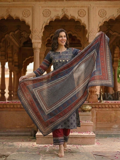 Blue Ethnic Print Cotton Straight Kurta Set with Mirror Work, Maroon Palazzo & Dupatta