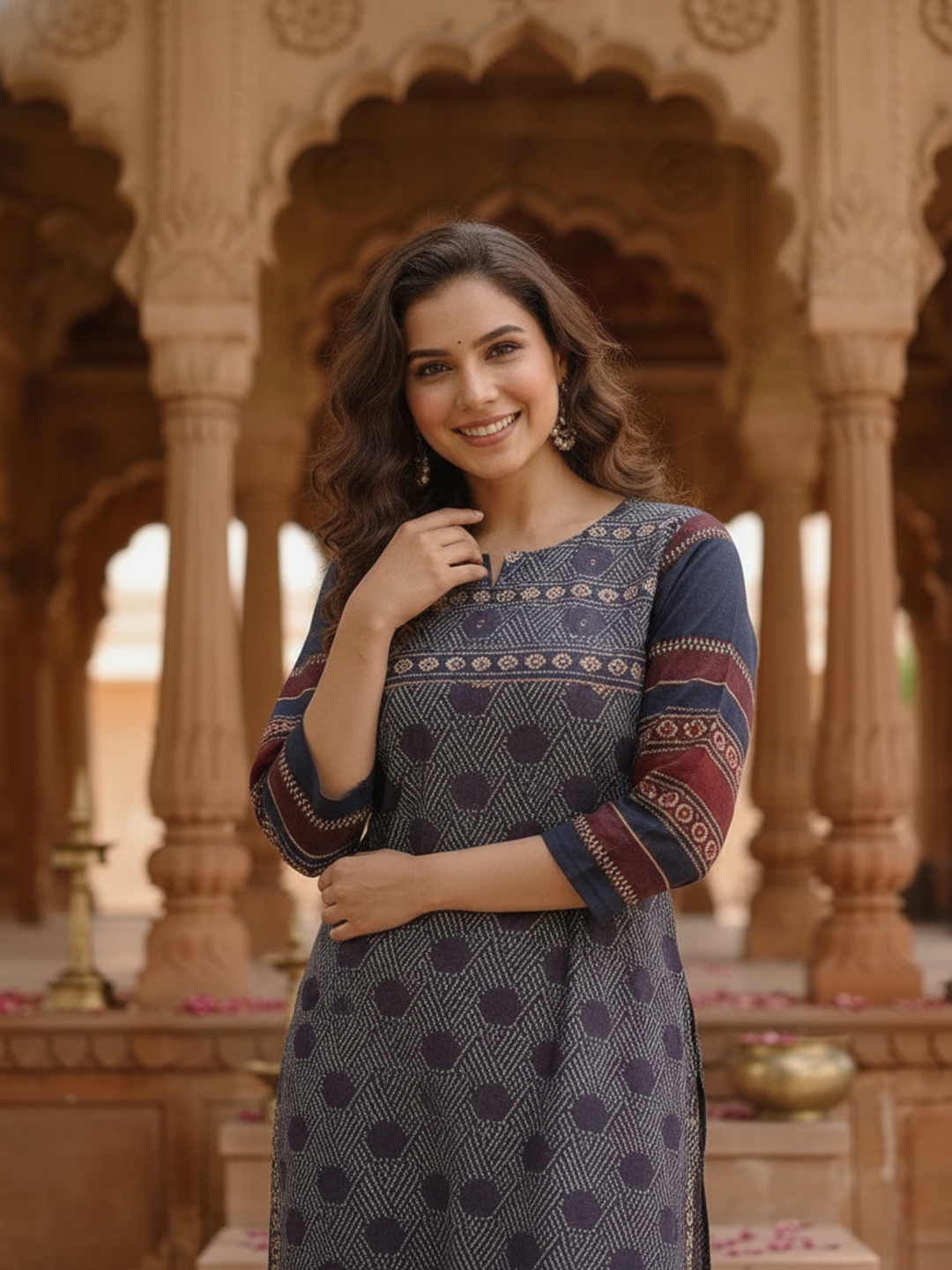 Blue Ethnic Print Cotton Straight Kurta Set with Mirror Work, Maroon Palazzo & Dupatta