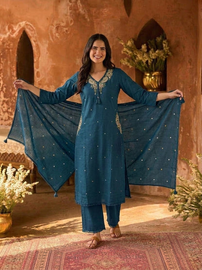 Teal Blue Solid Cotton A-Line Kurta Set with Mirror, Bead & Resham Work, Palazzo & Dupatta