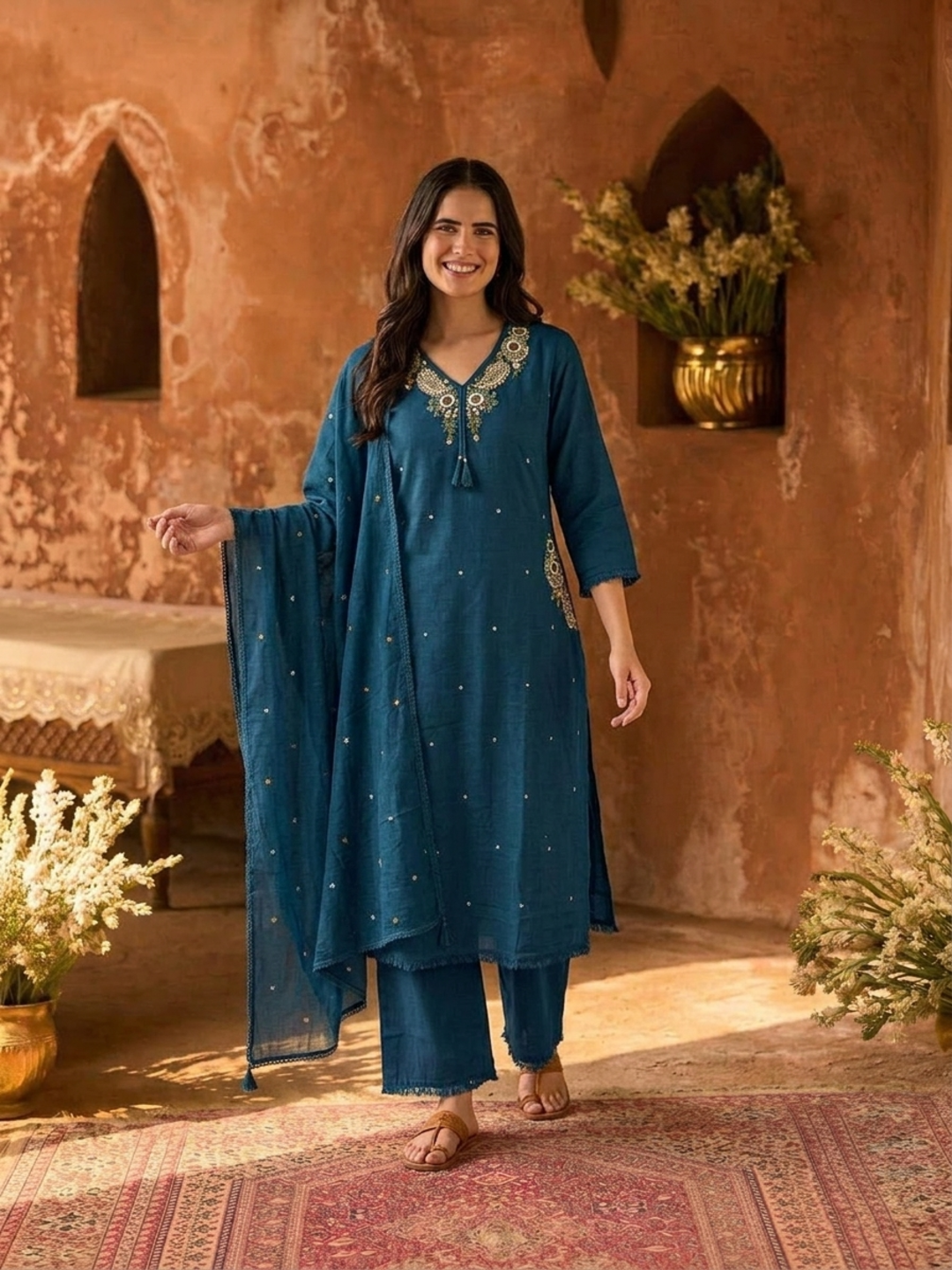Teal Blue Solid Cotton A-Line Kurta Set with Mirror, Bead & Resham Work, Palazzo & Dupatta
