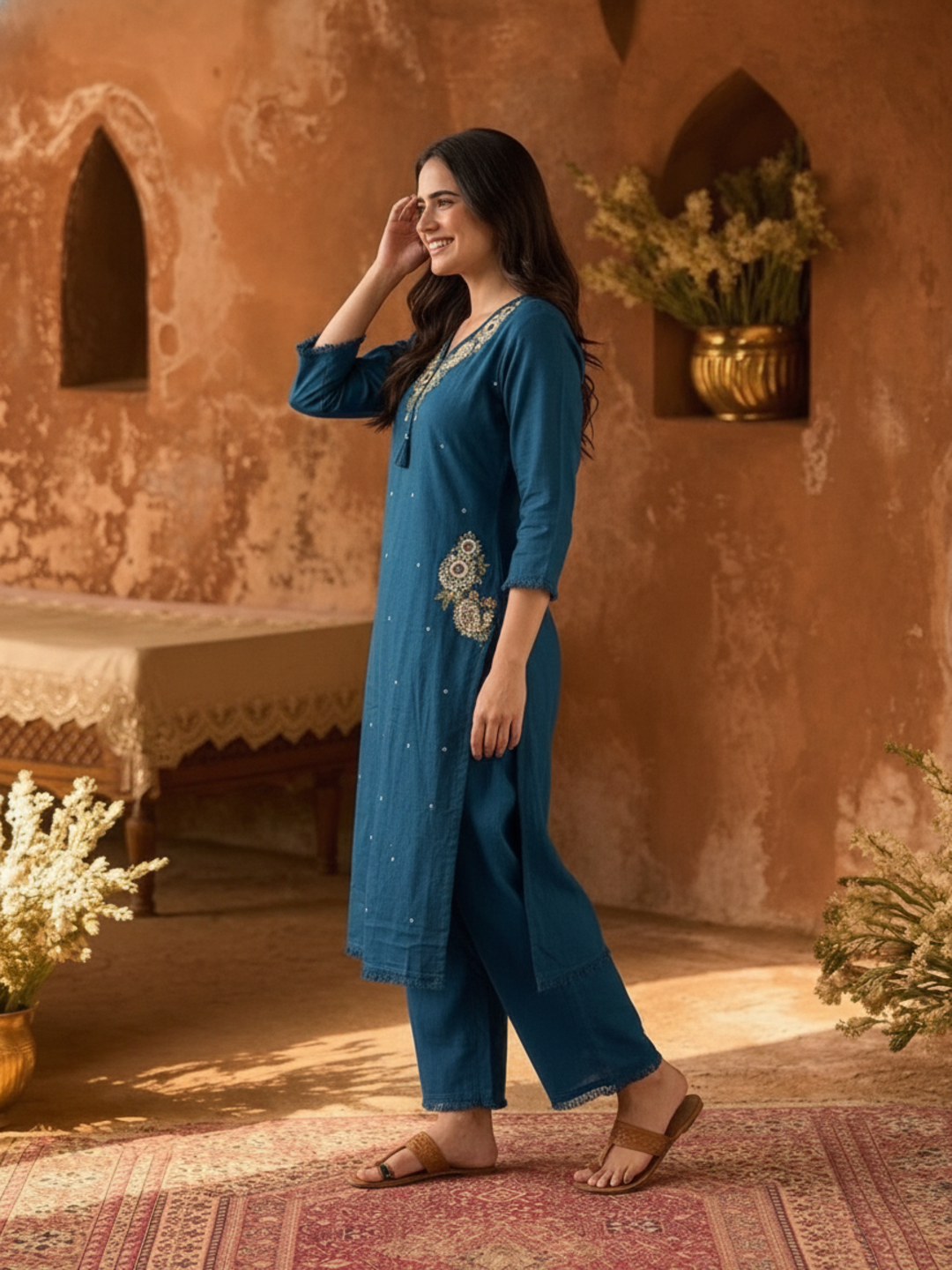 Teal Blue Solid Cotton A-Line Kurta Set with Mirror, Bead & Resham Work, Palazzo & Dupatta