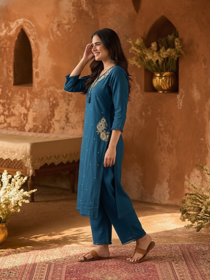 Teal Blue Solid Cotton A-Line Kurta Set with Mirror, Bead & Resham Work, Palazzo & Dupatta