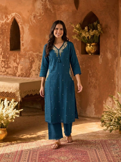 Teal Blue Solid Cotton A-Line Kurta Set with Mirror, Bead & Resham Work, Palazzo & Dupatta