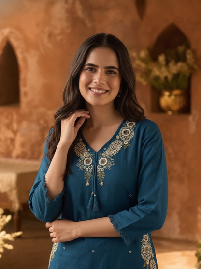Teal Blue Solid Cotton A-Line Kurta Set with Mirror, Bead & Resham Work, Palazzo & Dupatta