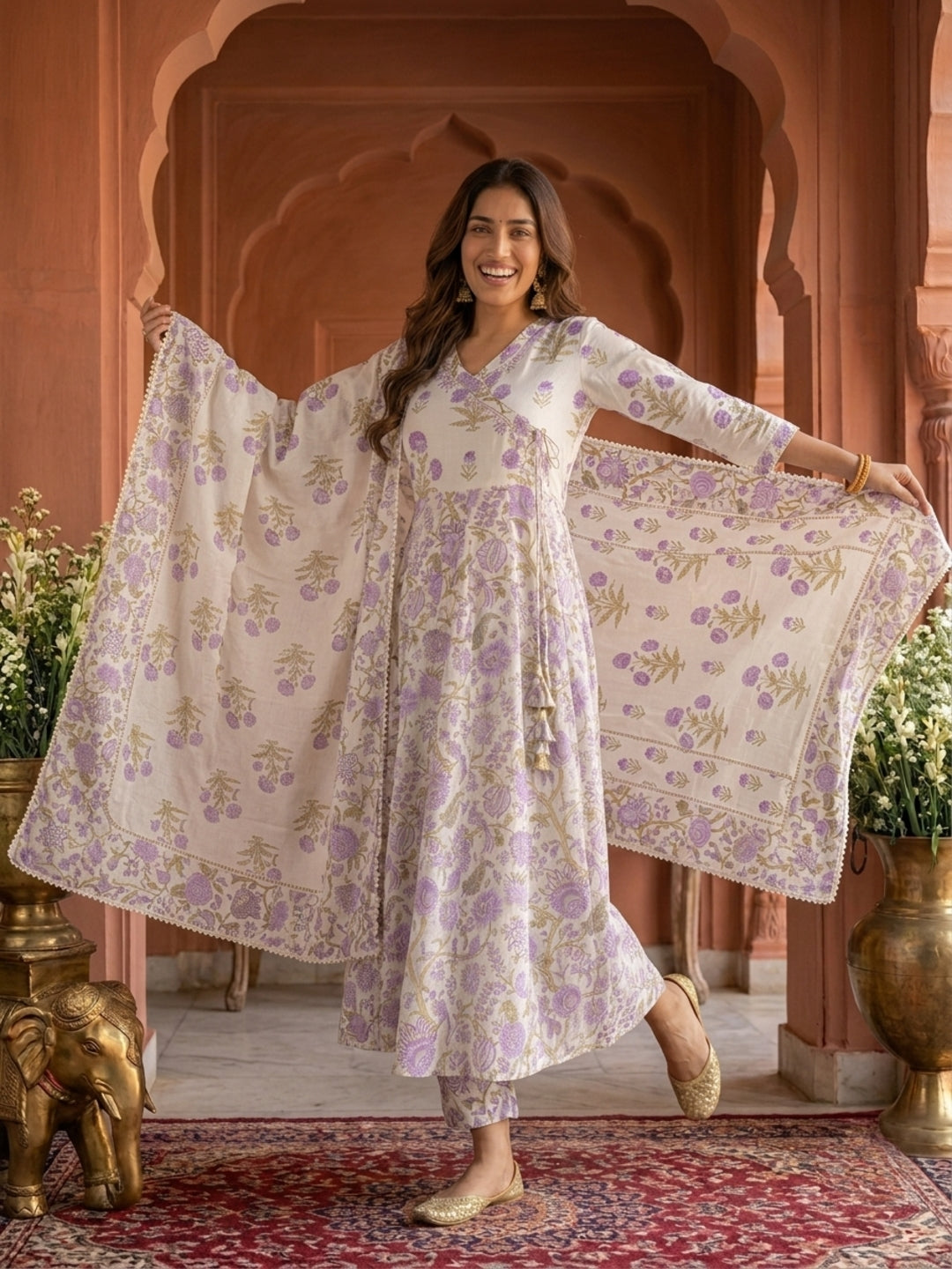 Off White Floral Print Cotton Anarkali Kurta Set with Embroidery, Pant & Dupatta