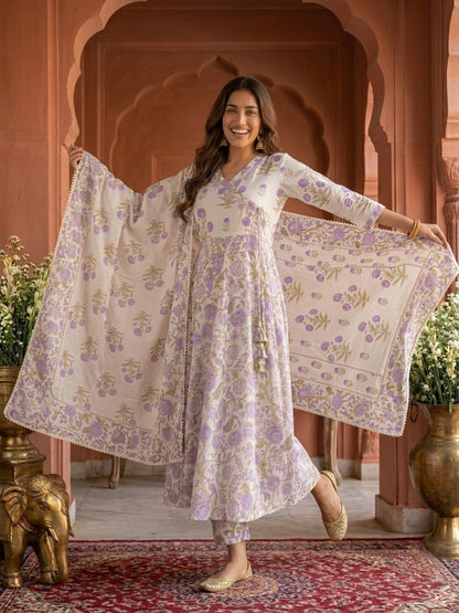 Off White Floral Print Cotton Anarkali Kurta Set with Embroidery, Pant & Dupatta