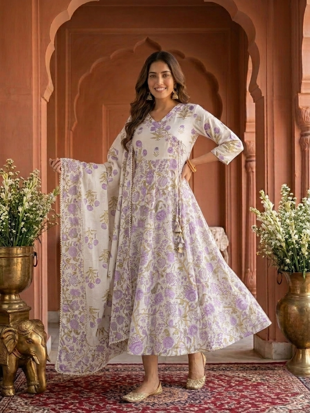 Off White Floral Print Cotton Anarkali Kurta Set with Embroidery, Pant & Dupatta