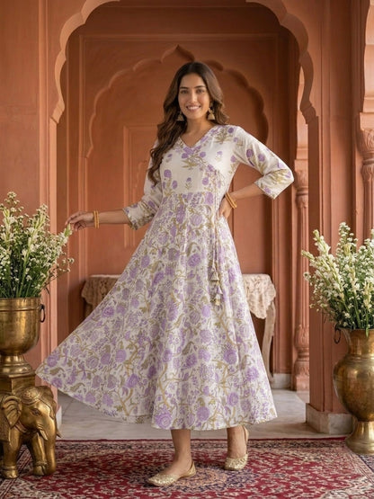 Off White Floral Print Cotton Anarkali Kurta Set with Embroidery, Pant & Dupatta
