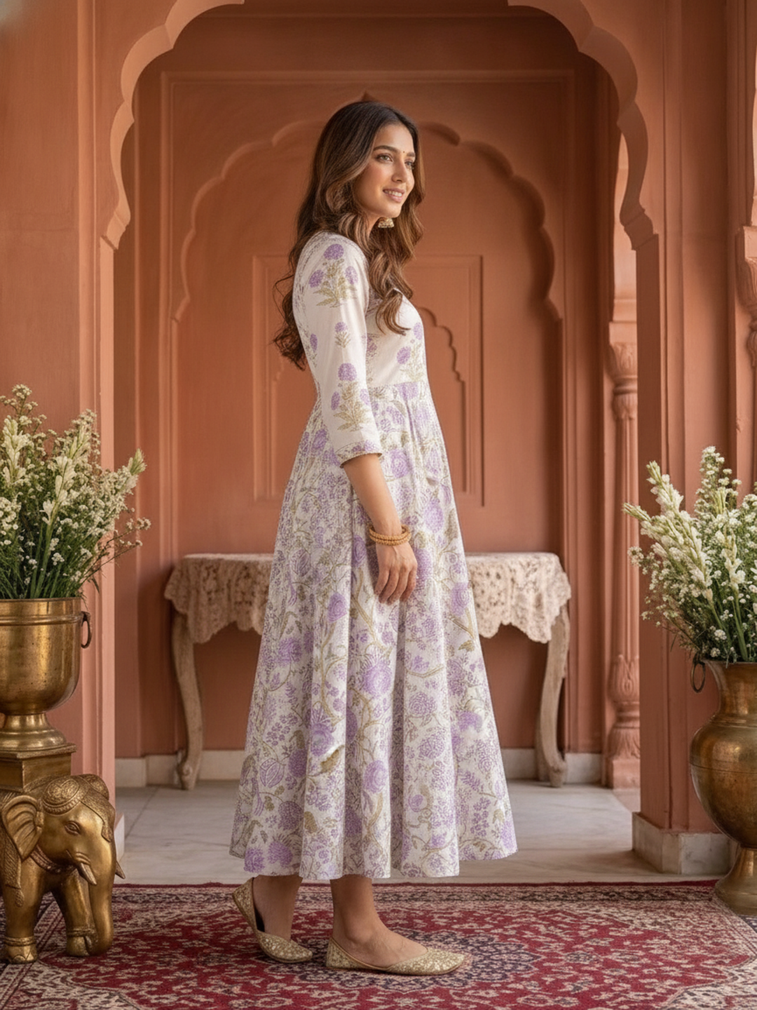 Off White Floral Print Cotton Anarkali Kurta Set with Embroidery, Pant & Dupatta