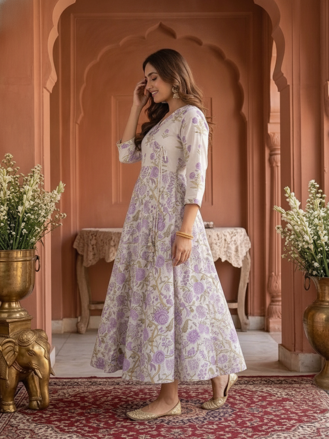 Off White Floral Print Cotton Anarkali Kurta Set with Embroidery, Pant & Dupatta