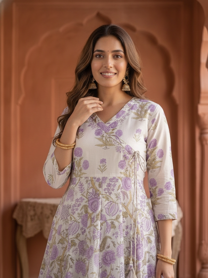 Off White Floral Print Cotton Anarkali Kurta Set with Embroidery, Pant & Dupatta