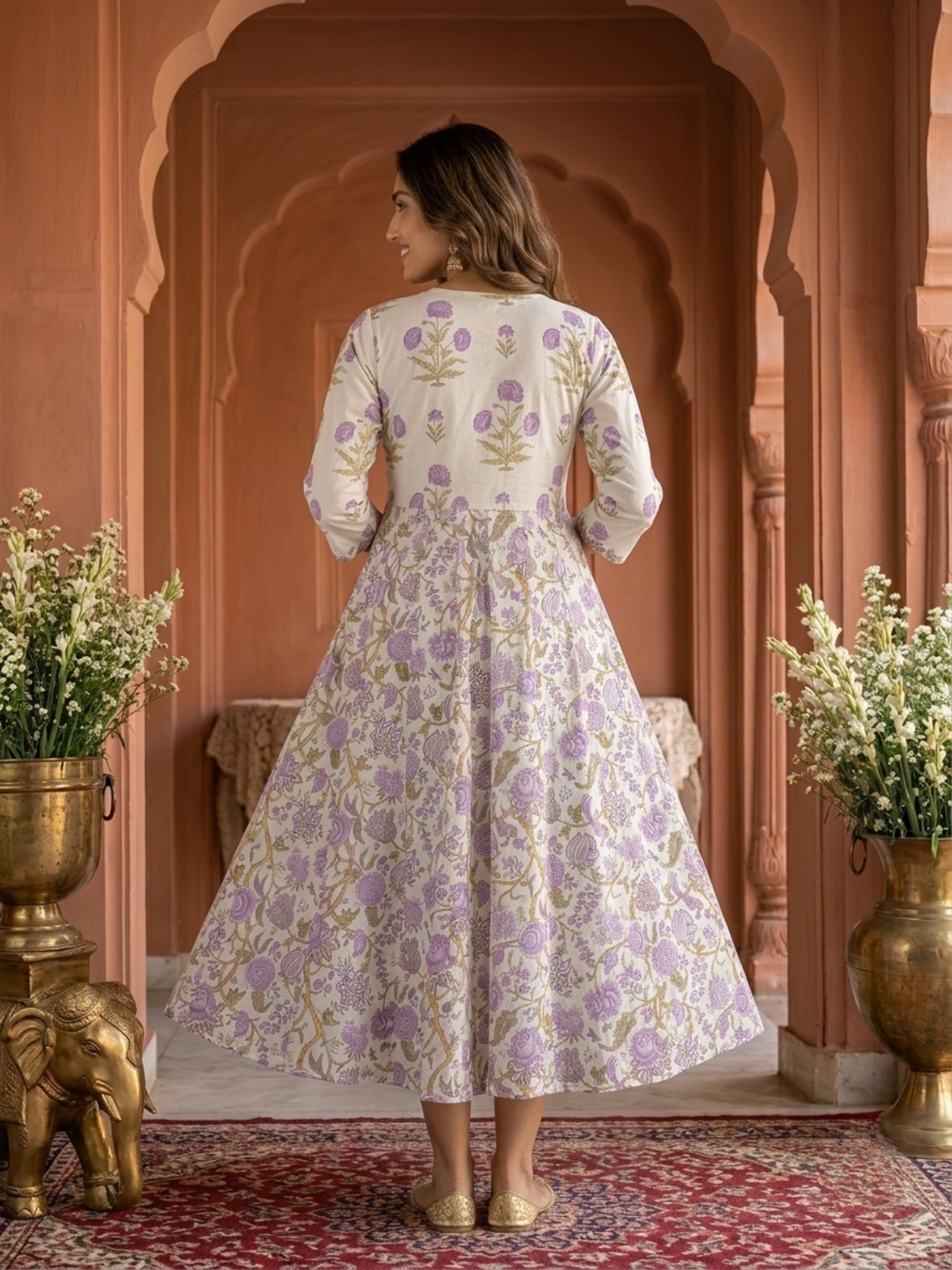 Off White Floral Print Cotton Anarkali Kurta Set with Embroidery, Pant & Dupatta